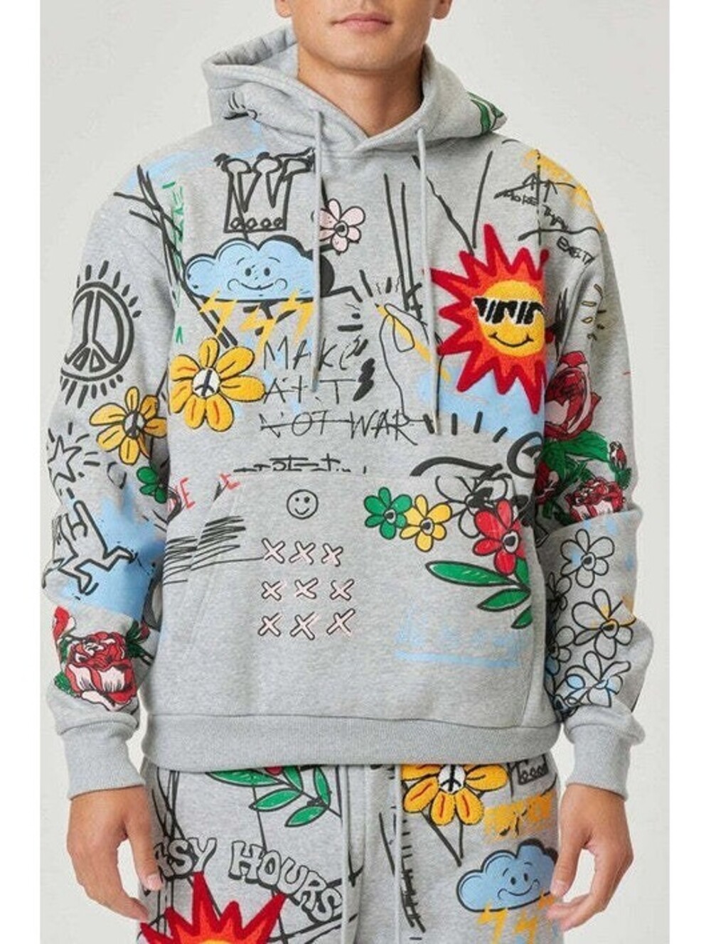 First Row Men's Allover Graffiti Pullover Hoodie Gray Size S Pre Owned